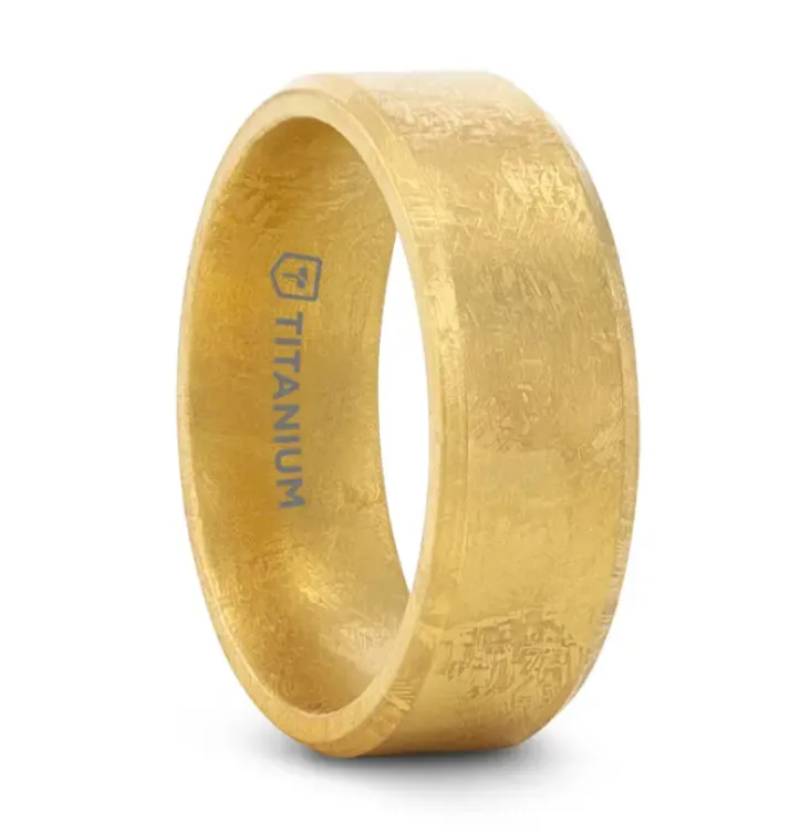 MUSE Flat Gold Plated Titanium Ring with Beveled Edges and Meteorite Pattern - 8mm