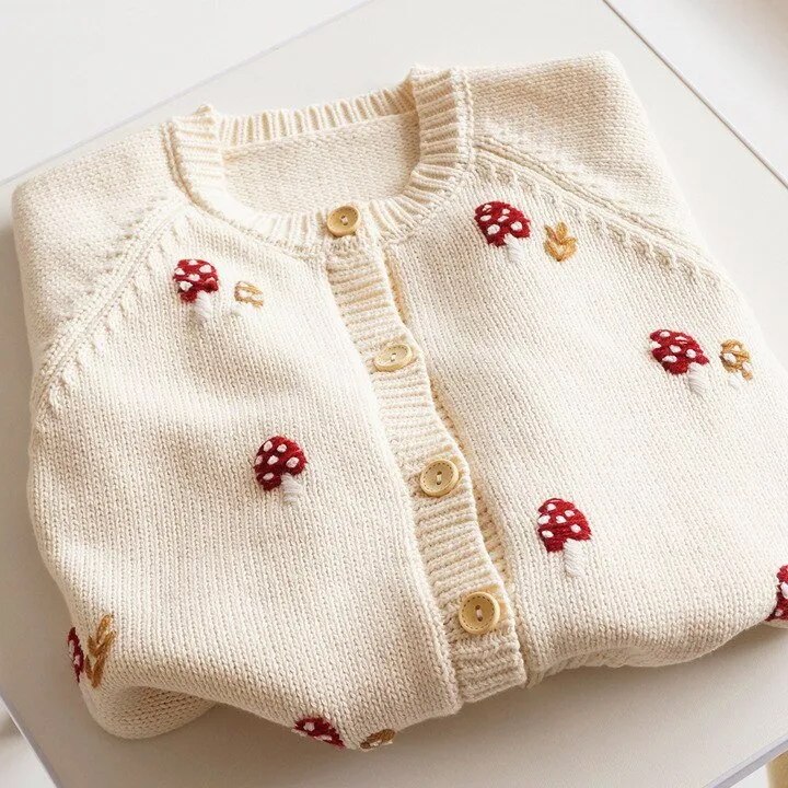 Mushroom Embroidered Beige Kids Cardigan