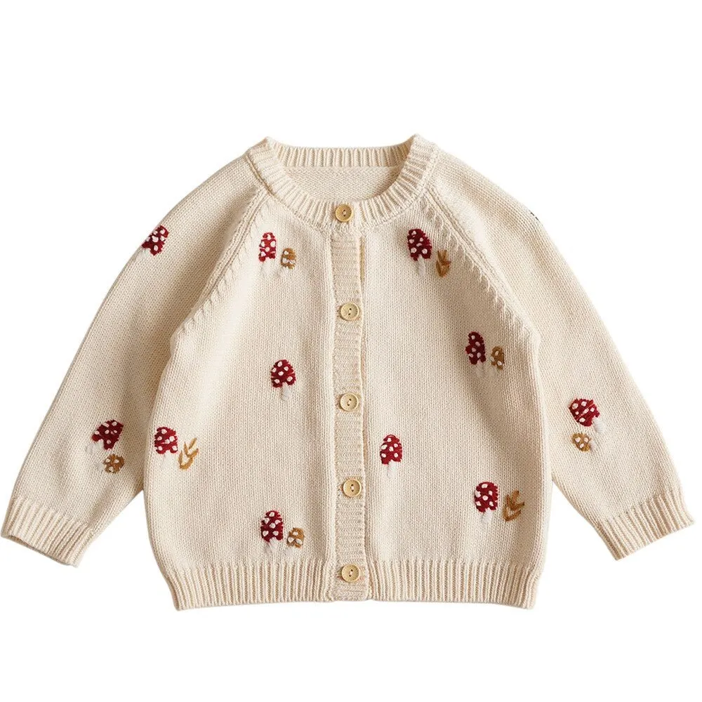 Mushroom Embroidered Beige Kids Cardigan