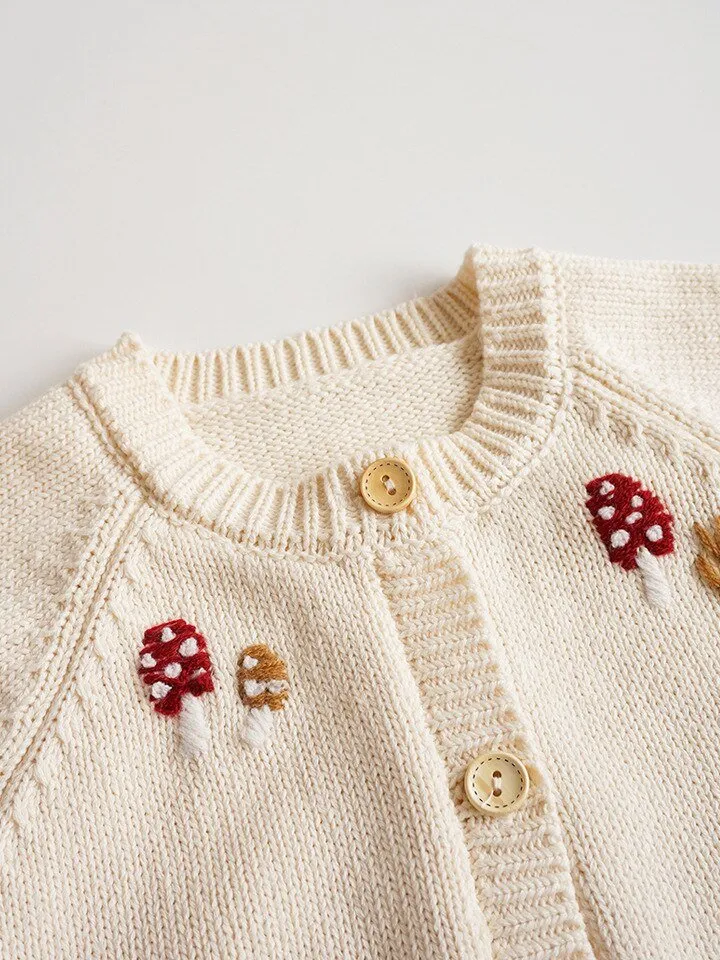 Mushroom Embroidered Beige Kids Cardigan