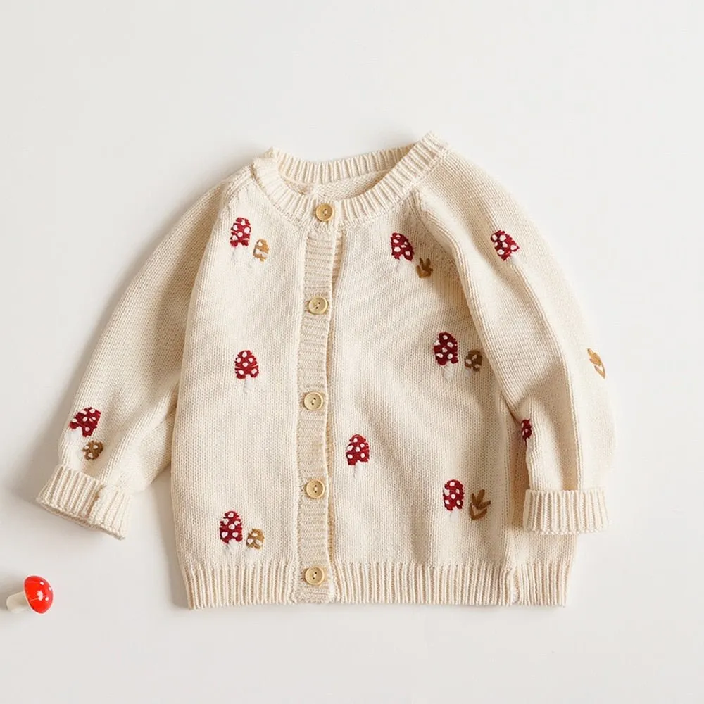 Mushroom Embroidered Beige Kids Cardigan