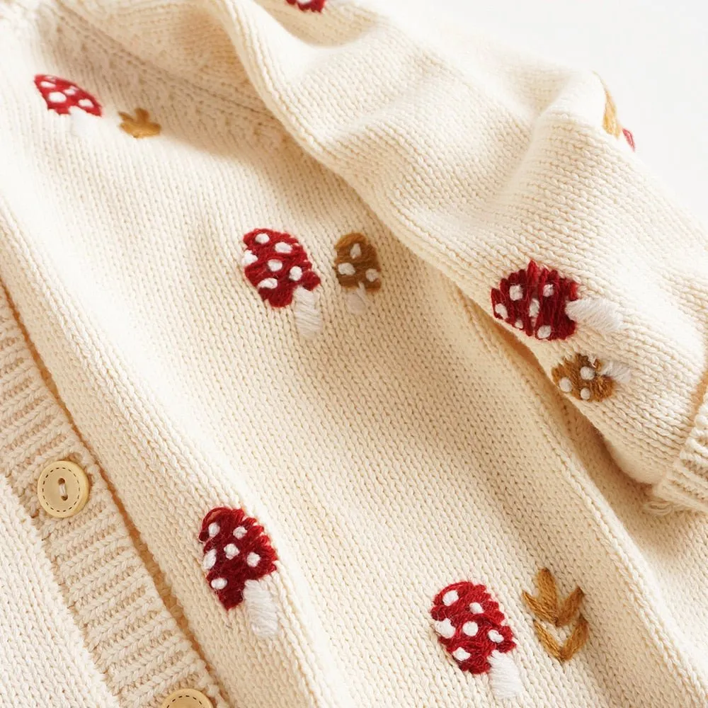 Mushroom Embroidered Beige Kids Cardigan