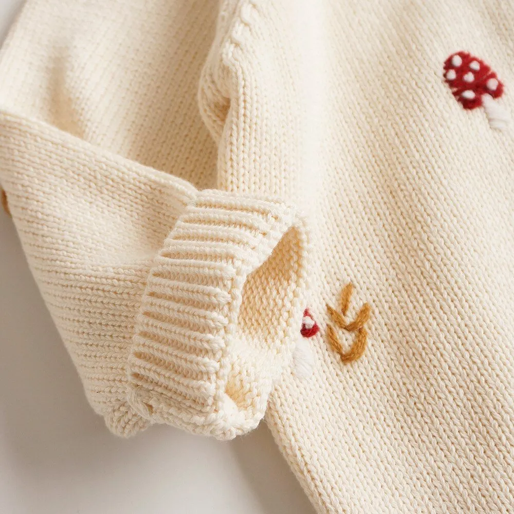 Mushroom Embroidered Beige Kids Cardigan