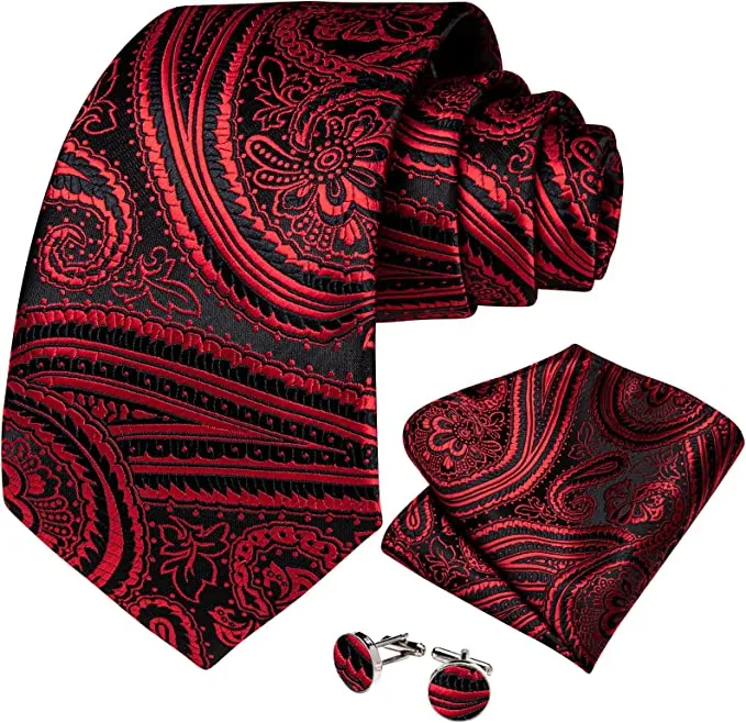 New Red and Black Paisley Necktie Set-DBG1060