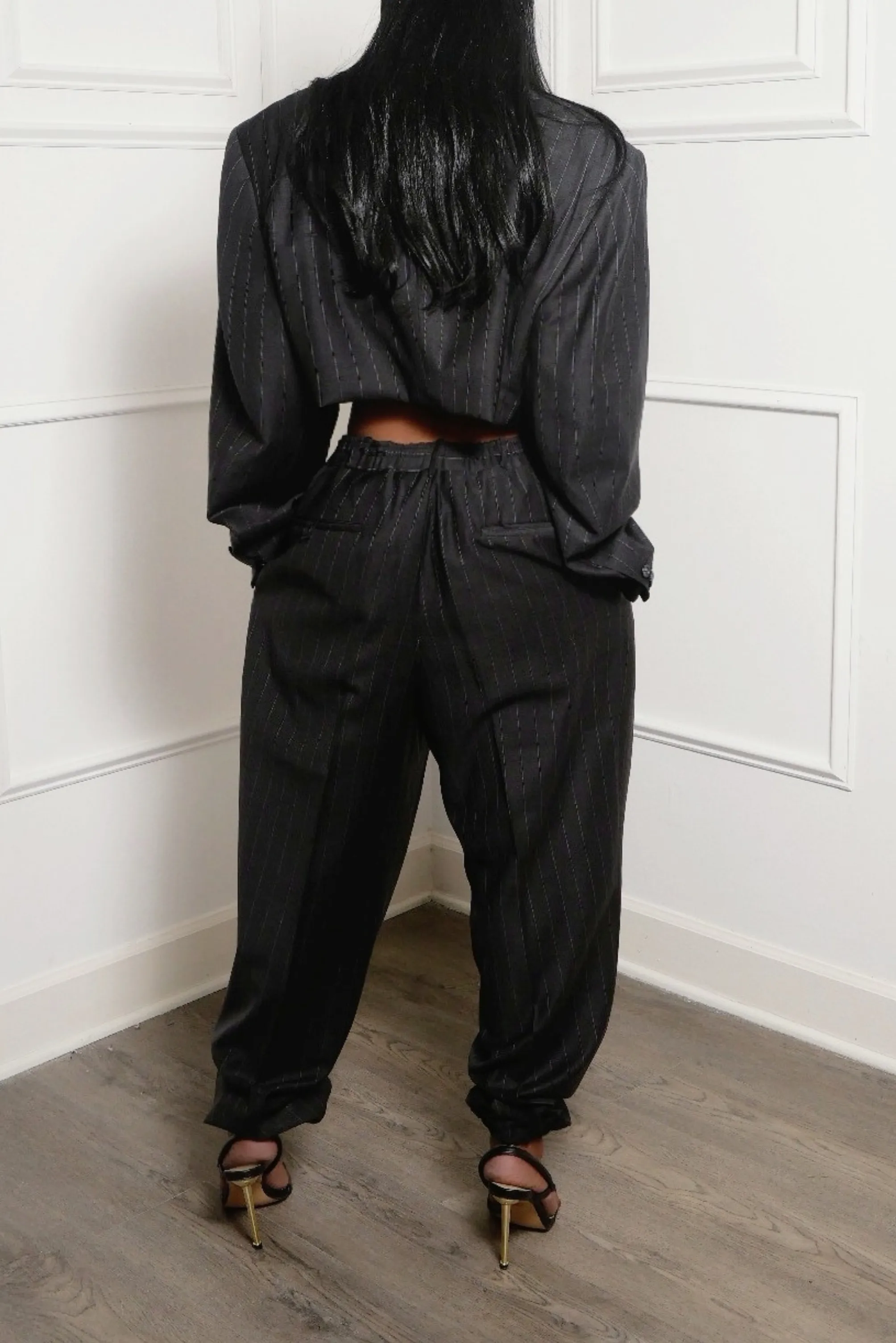 Off Black pinstrip modern Vintage crop suit (S/M)