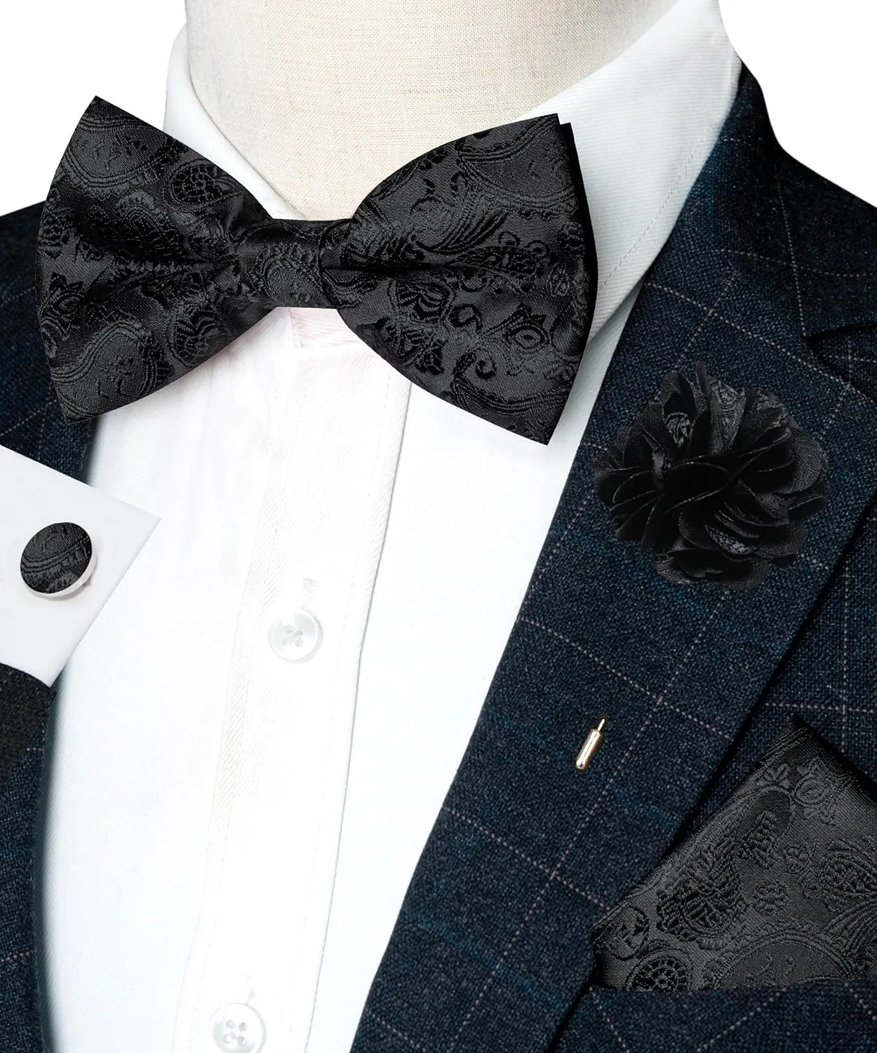 Paisley Pre-tied Bow Tie and Pocket Square Cufflinks Lapel Pin Sets for Men 4PCS