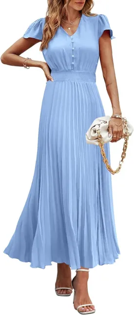 PRETTYGARDEN Women's Maxi Dresses 2025 Summer Trendy Cap Short Sleeve Button V Neck Casual Flowy Pleated Long Dress