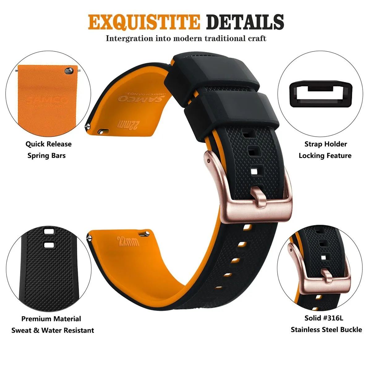 Rafael Silicone Tropic Watch Strap With Rose Gold Tang Buckle