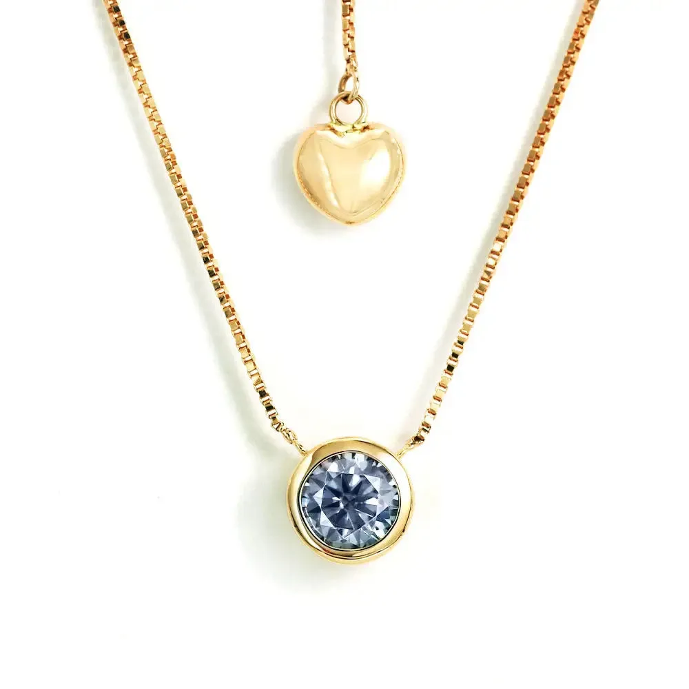 Ready Made | 0.5 Carat Light Blue Grey Moissanite Round Solitaire Bezel 18K Yellow Gold Pendant with Heart Chain