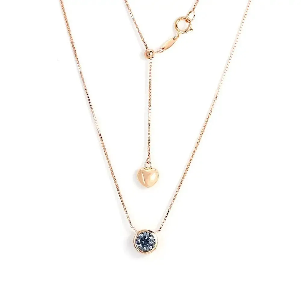 Ready Made | 1 Carat Light Blue Grey Moissanite Round Solitaire Bezel 18K Rose Gold Pendant with Heart Chain