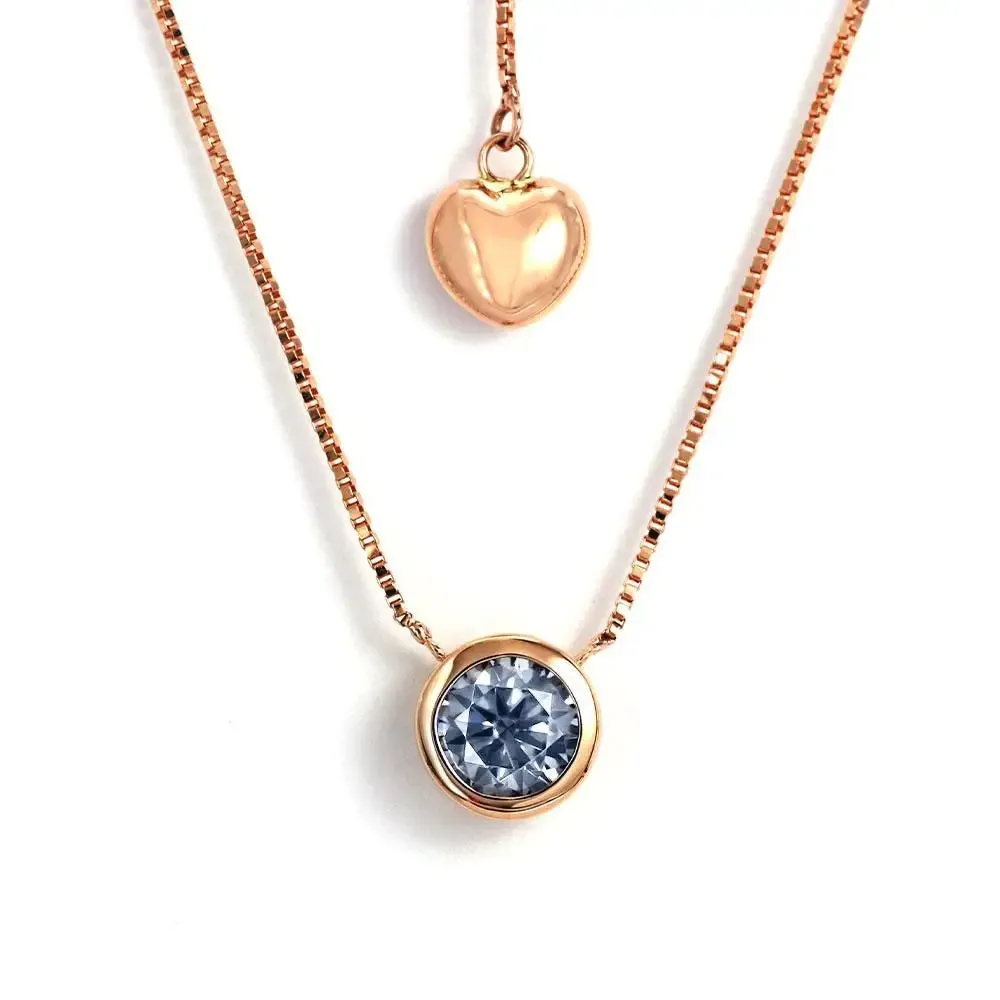 Ready Made | 1 Carat Light Blue Grey Moissanite Round Solitaire Bezel 18K Rose Gold Pendant with Heart Chain
