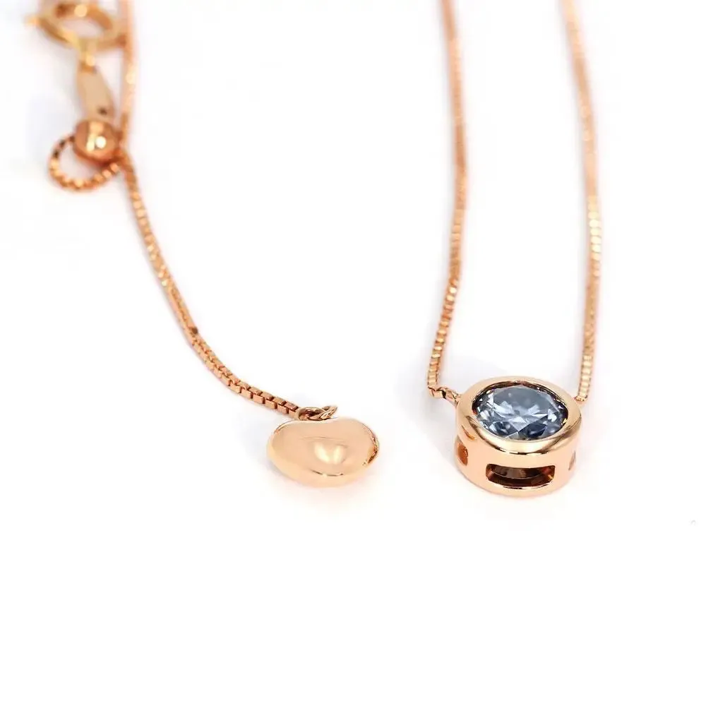 Ready Made | 1 Carat Light Blue Grey Moissanite Round Solitaire Bezel 18K Rose Gold Pendant with Heart Chain
