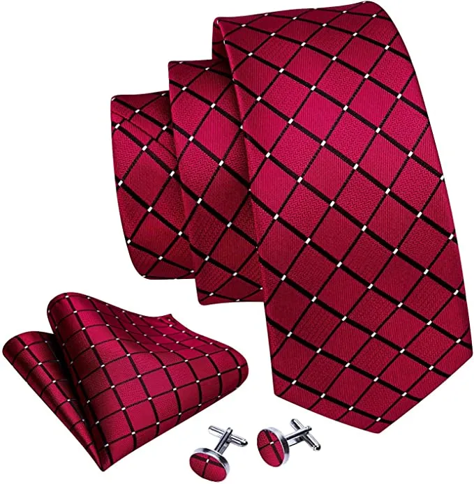 Red and Black Plaid Silk Necktie Set-LBW