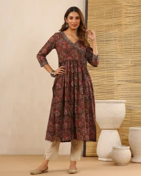 Red Dabu Hand Block Printed Cotton Gathered Kurti