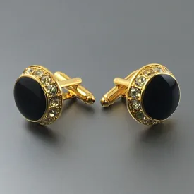 Round Gold Cufflinks with Jet & Crystal