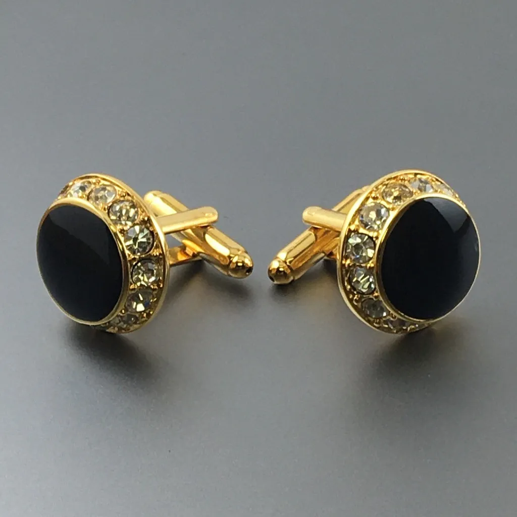 Round Gold Cufflinks with Jet & Crystal