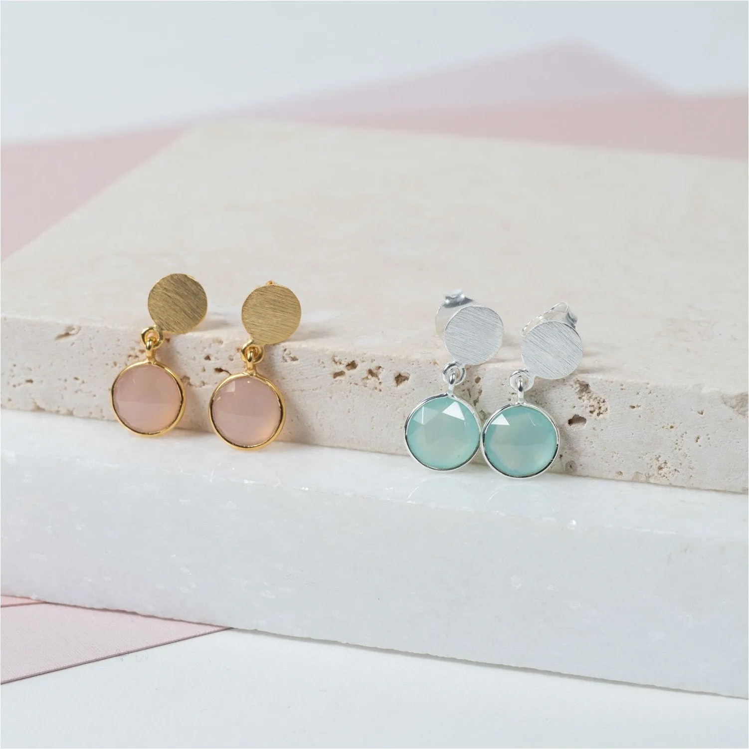 Salina Silver Disc & Aqua Chalcedony Earrings