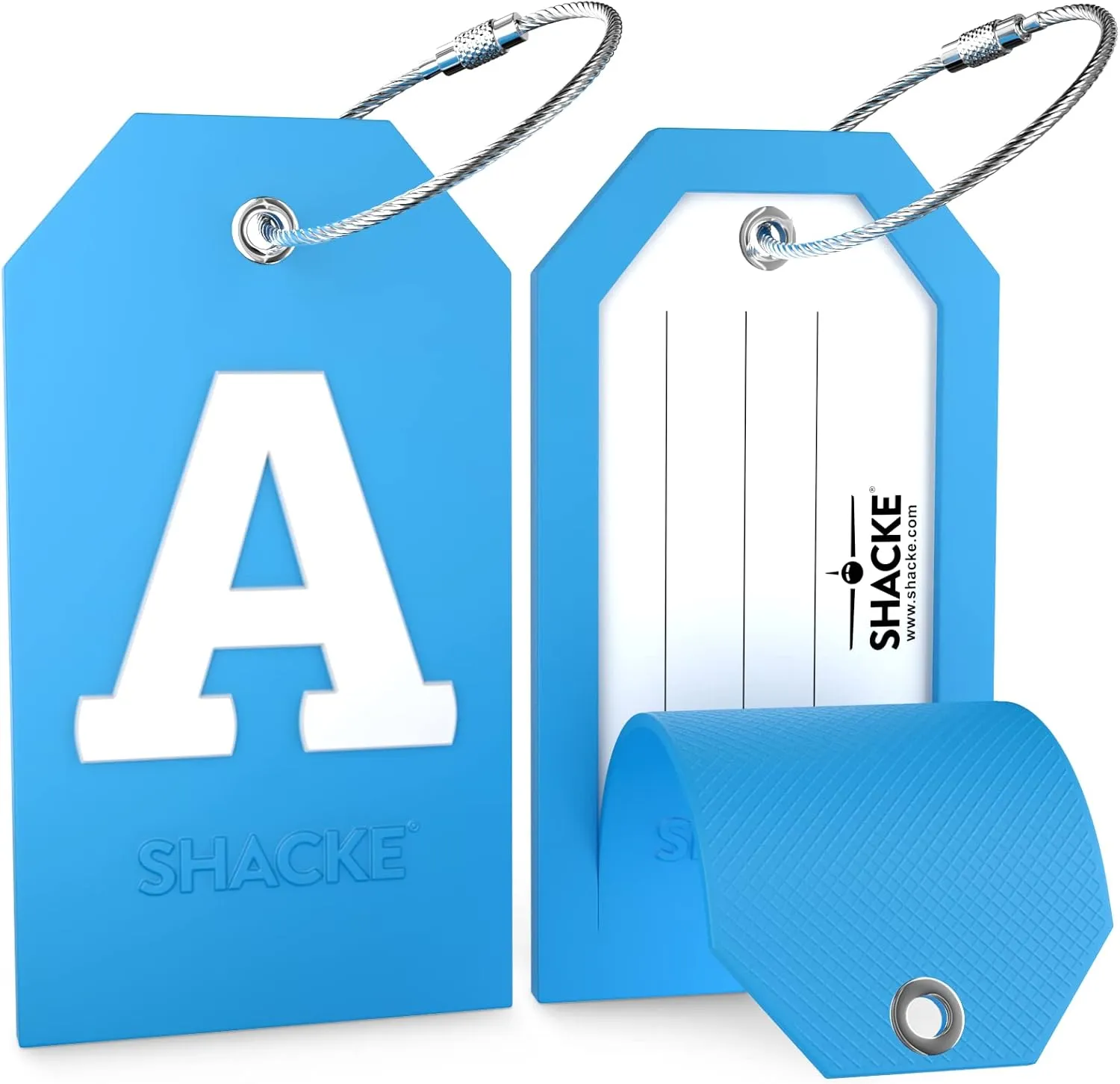 Shacke Initial Luggage Tag with Full Privacy Cover and Stainless Steel Loop - Aqua Teal (Letter A)