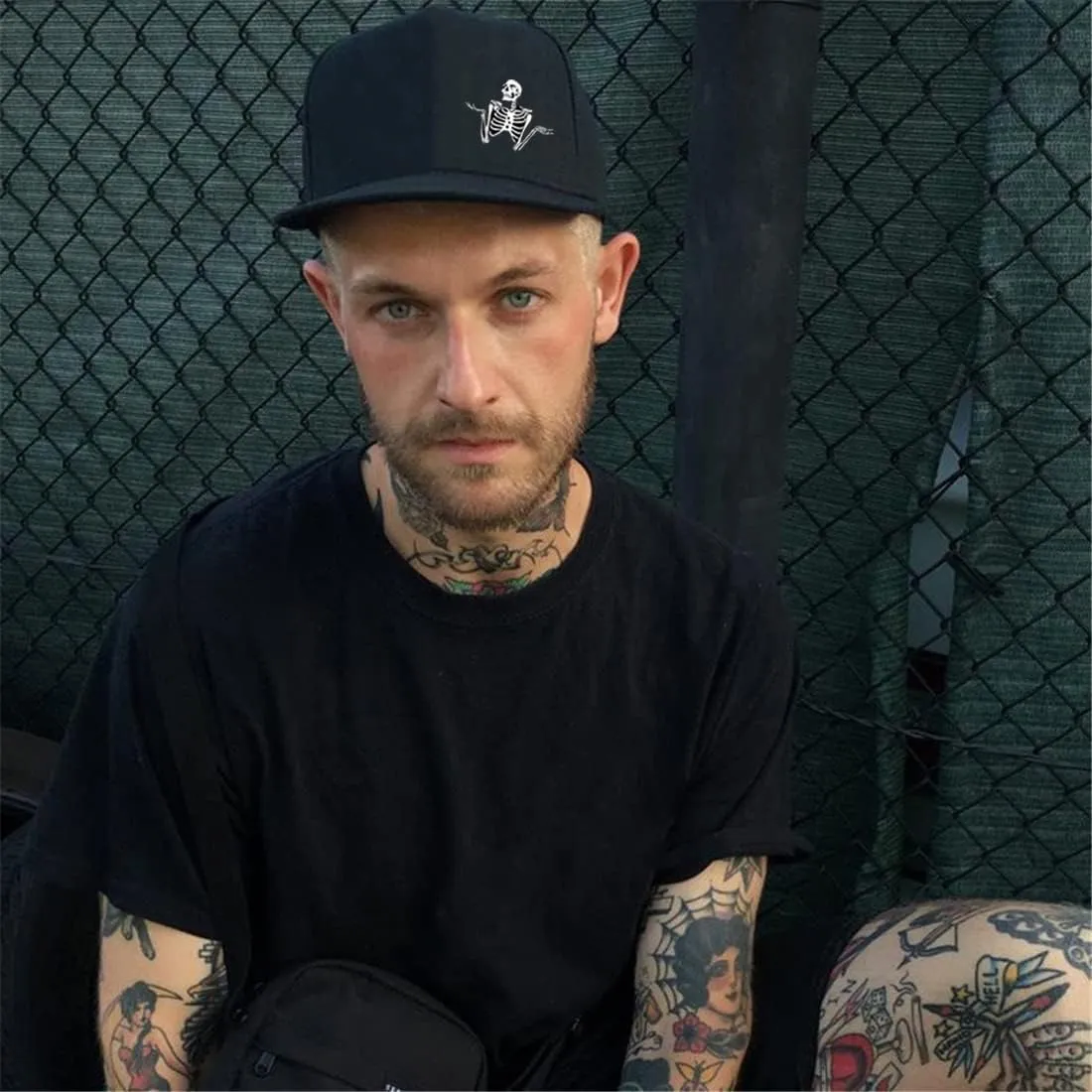 Snapback Hats for Men Skull Hat Flat Bill Hat for Boy Snap Backpack Baseball Cap Skeleton Hand Black