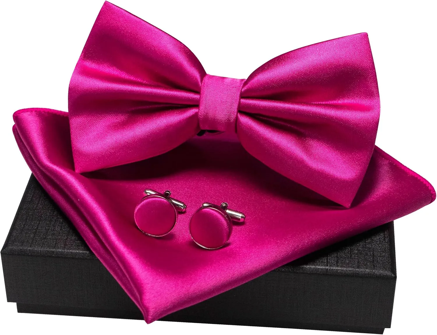 Solid Color mens Pre-tied Bow Tie and Pocket Square Cufflinks Sets with Gift Box