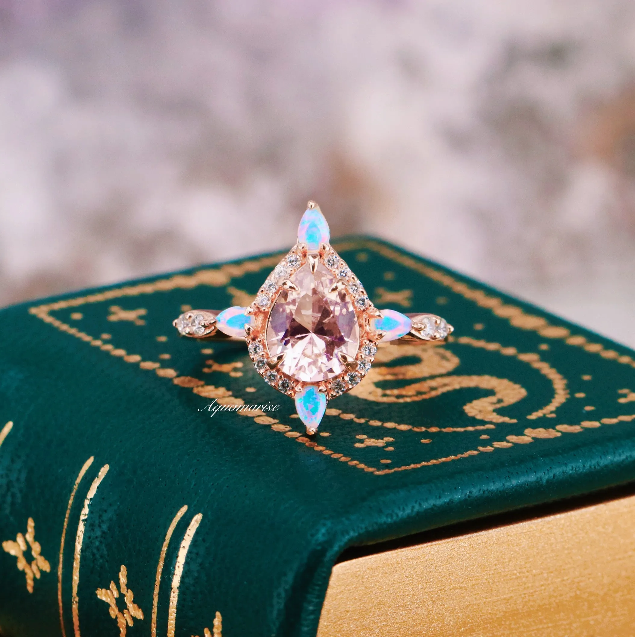 Teardrop Morganite & Fire Opal Ring- 14K Rose Gold Vermeil