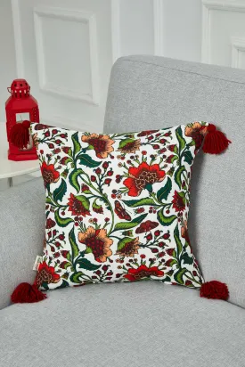 Traditional Floral Print Pillow Cover with Beautifuk Tassels, Flowers Cushion Cover for Elegant Home Decors, 18x18 Botanical Pillow,K-364