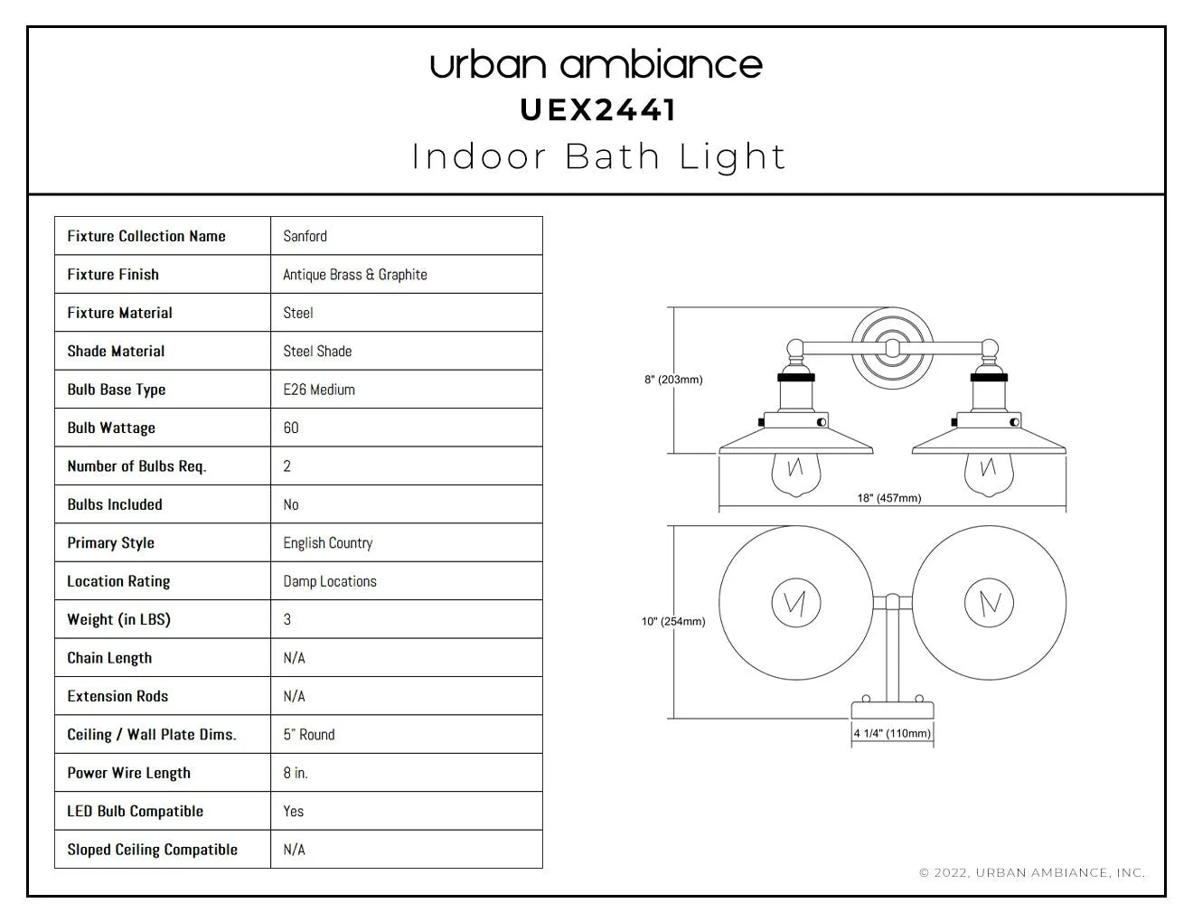 UEX2441 New Traditional Bath Light 8''H x 18''W, Antique Brass & Graphite Finish, Sanford Collection