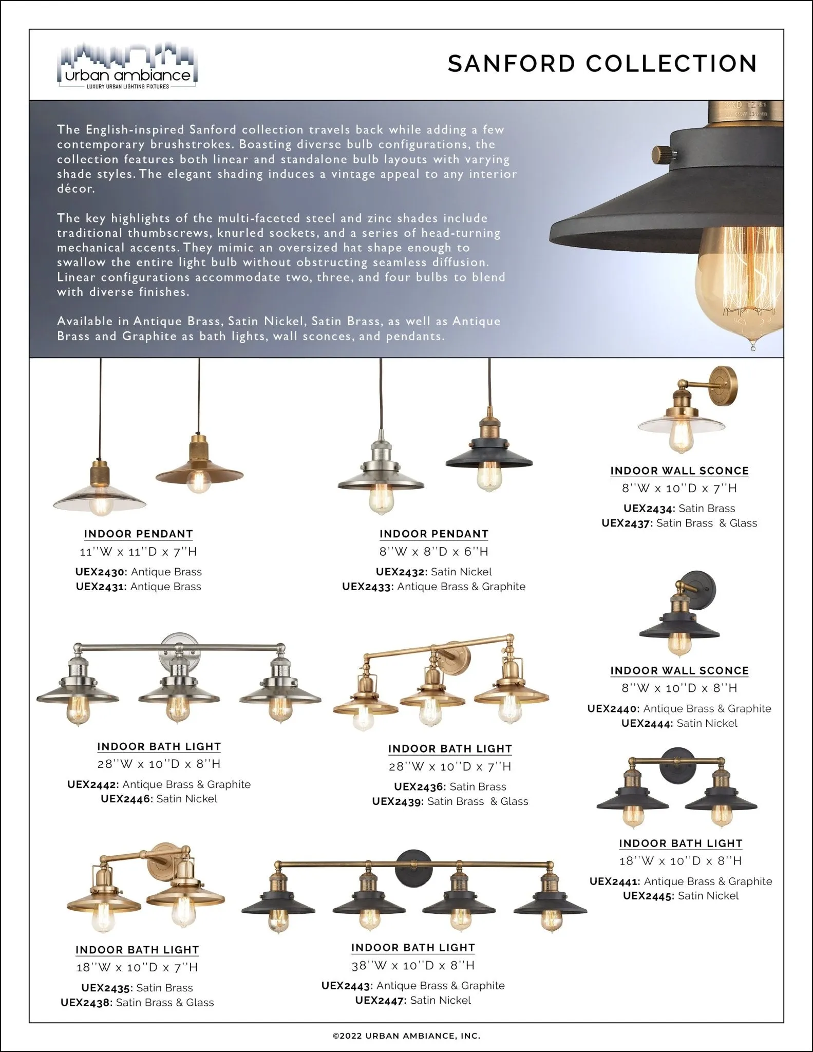 UEX2441 New Traditional Bath Light 8''H x 18''W, Antique Brass & Graphite Finish, Sanford Collection