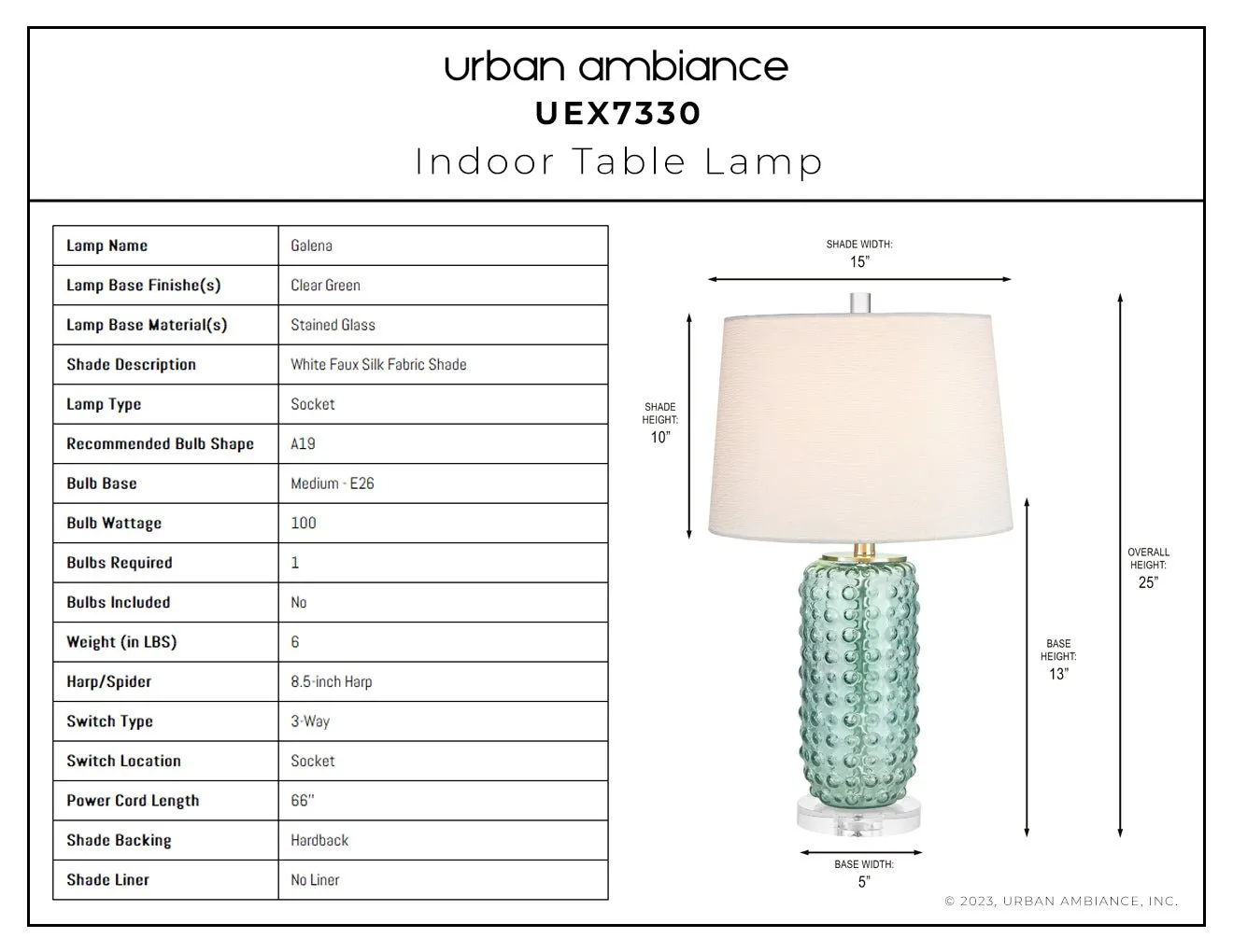 UEX7330 Contemporary Table Lamp 15''W x 15''D x 25''H, Clear Green Finish, Galena Collection