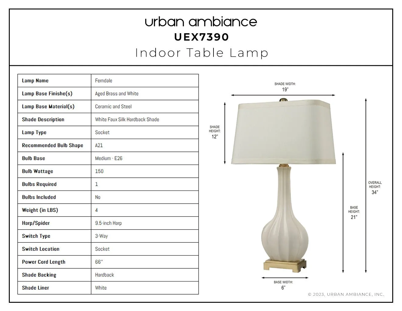 UEX7390 Traditional Table Lamp 19''W x 12''D x 34''H, Aged Brass and White Finish, Ferndale Collection