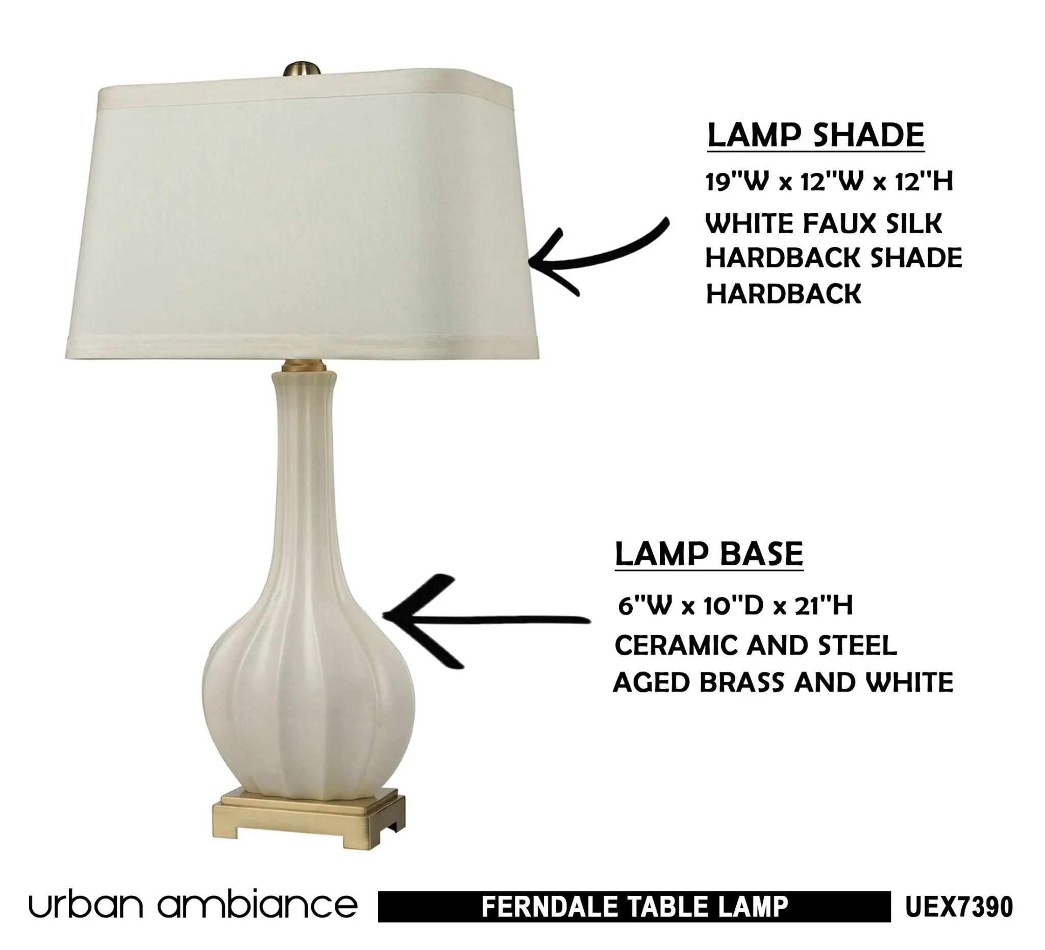 UEX7390 Traditional Table Lamp 19''W x 12''D x 34''H, Aged Brass and White Finish, Ferndale Collection