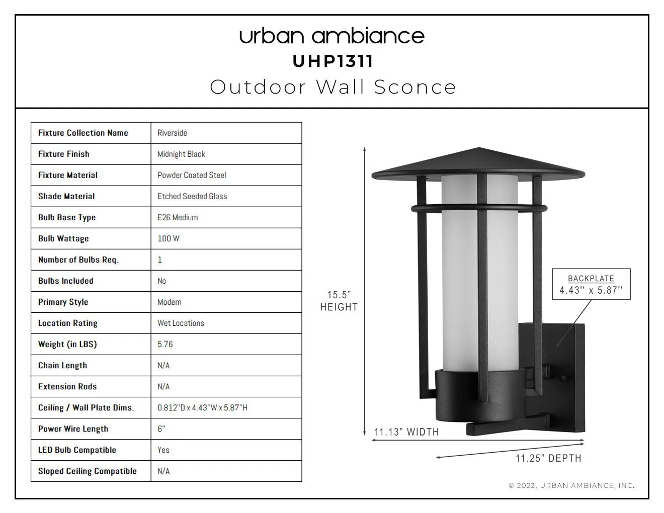 UHP1311 Mid-Century Modern Outdoor Wall Sconce 15.5''H x 11.125''W, Midnight Black Finish, Riverside Collection