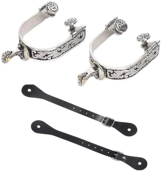 Western Cowboy Spurs Paired with 6 Holes Spurs Belt, Stainless Steel Western Horse Spurs with Rotatable Gear Leather Spur Straps Retro Fine Workmanship Men Women Horse Boot Spurs for Equestrian