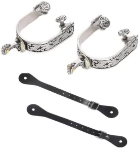 Western Cowboy Spurs Paired with 6 Holes Spurs Belt, Stainless Steel Western Horse Spurs with Rotatable Gear Leather Spur Straps Retro Fine Workmanship Men Women Horse Boot Spurs for Equestrian