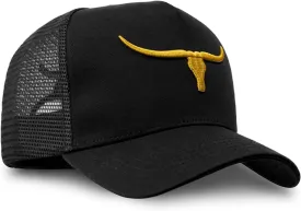 Western Texas Flat Bill Trucker Hat Ranch Longhorn Country Rodeo Cowboy Ranch Embroidered Snapback Baseball Cap Men Women (US, Alpha, One Size, Black/Golden)