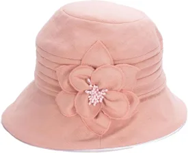 Women's Breathable Cotton Linen Cloche Hat with 3D Floral Casual Wide Brim Summer Hat Classic Tea Party Wedding Fedora Cap