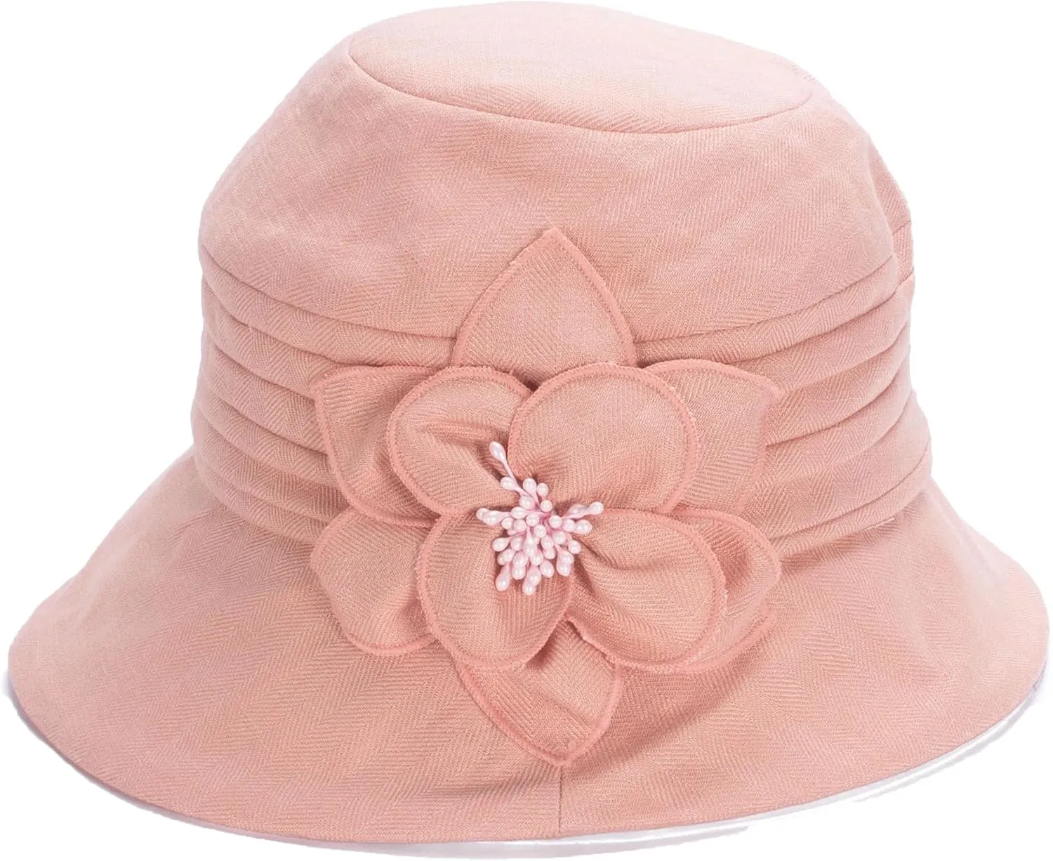 Women's Breathable Cotton Linen Cloche Hat with 3D Floral Casual Wide Brim Summer Hat Classic Tea Party Wedding Fedora Cap