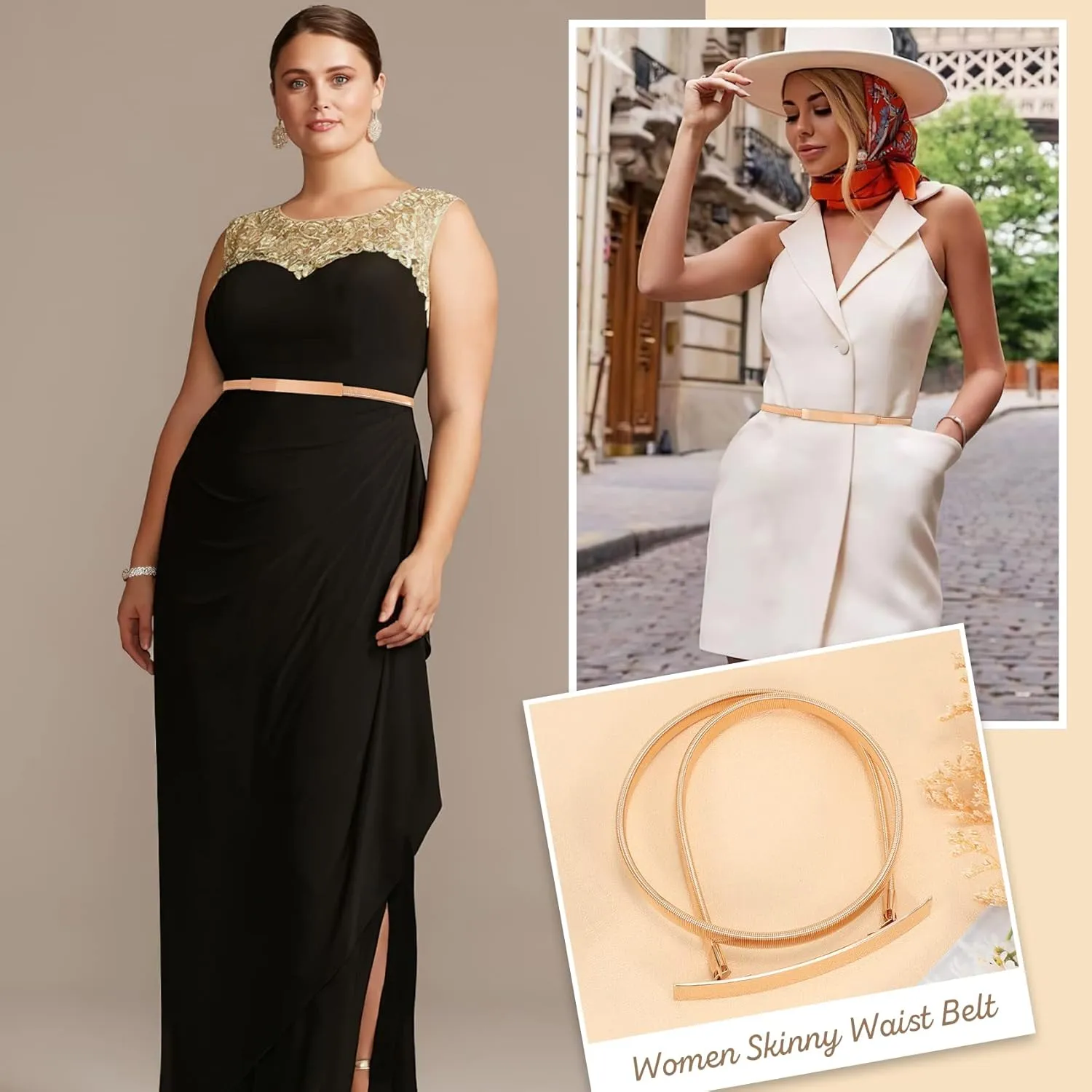 XZQTIVE Women Skinny Metal Chain Waist Belt Stretchy Saree Cinch Belt for Dress Gold Sliver
