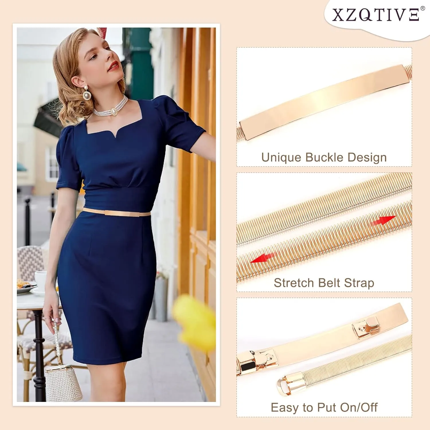 XZQTIVE Women Skinny Metal Chain Waist Belt Stretchy Saree Cinch Belt for Dress Gold Sliver