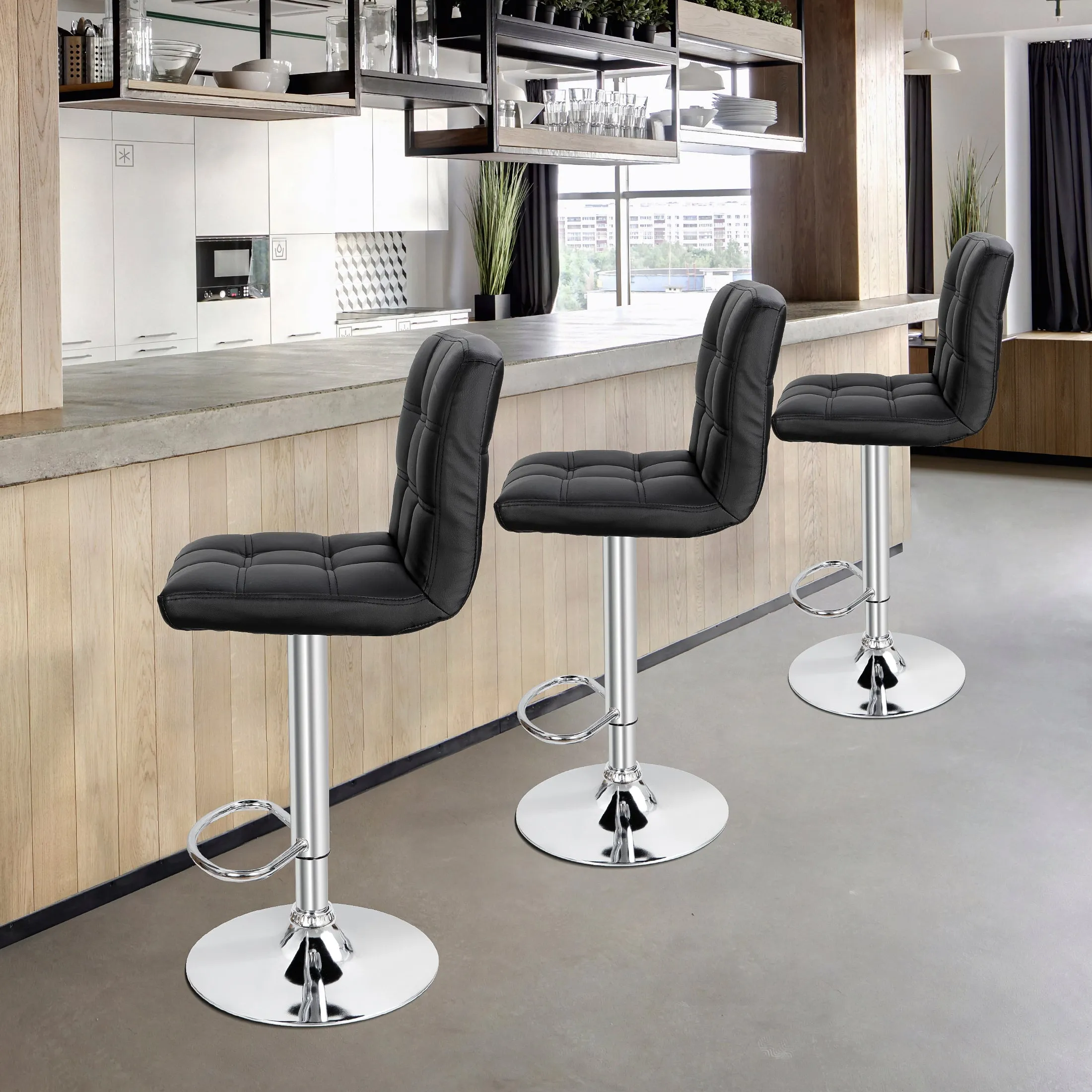 ZENY™ Adjustable Swivel Barstools, Modern PU Leather Kitchen Counter BarStools, Square Back Set of 2